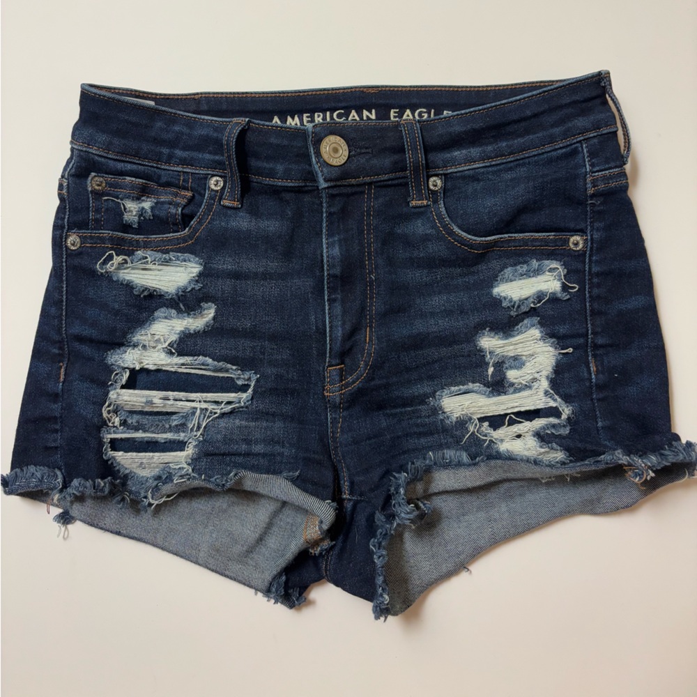 American Eagle Outfitters Women's Ripped Jean Shorts - Dark Blue